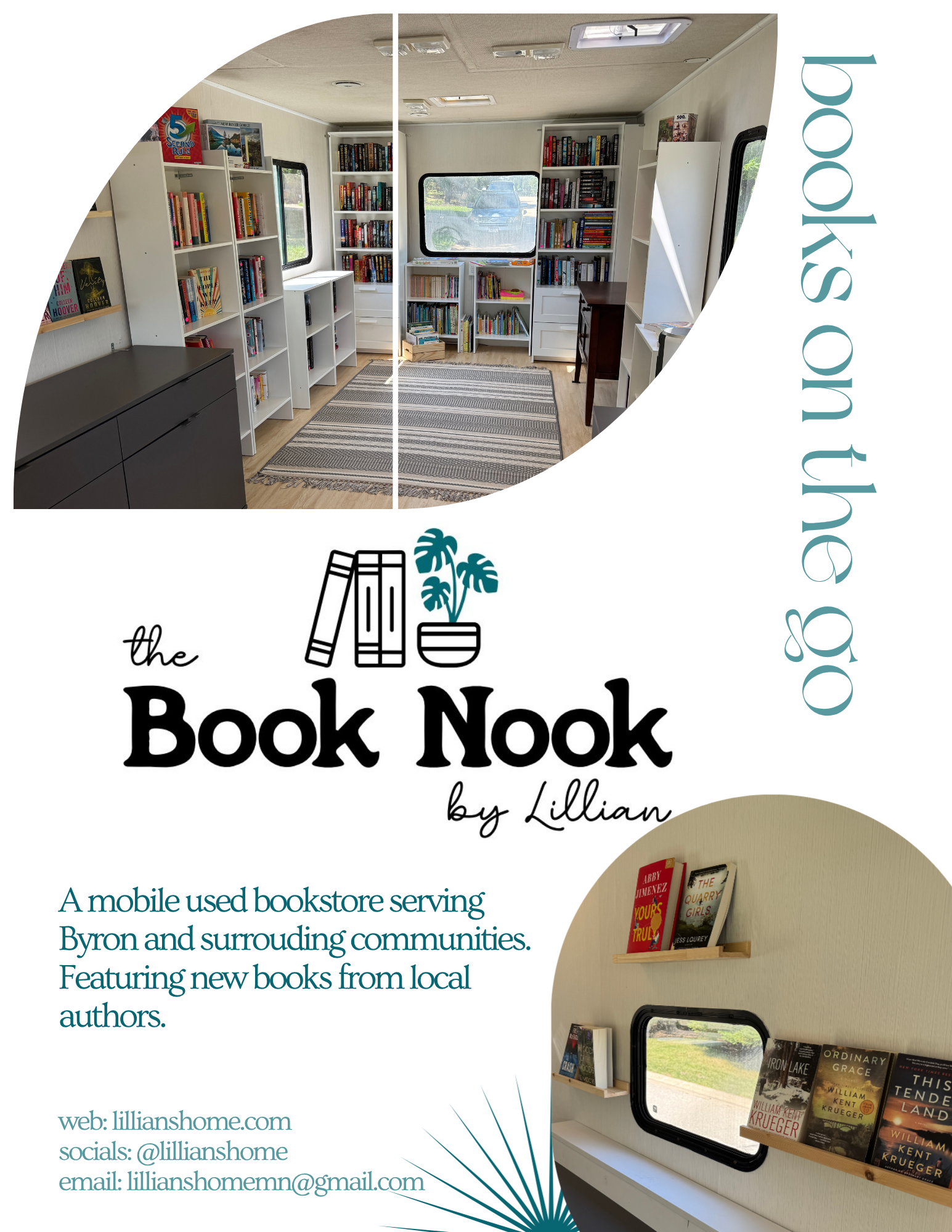Book Nook flyer: photos of the bookshelf-lined interior of the mobile bookstore with the Book Nook by Lillian logo