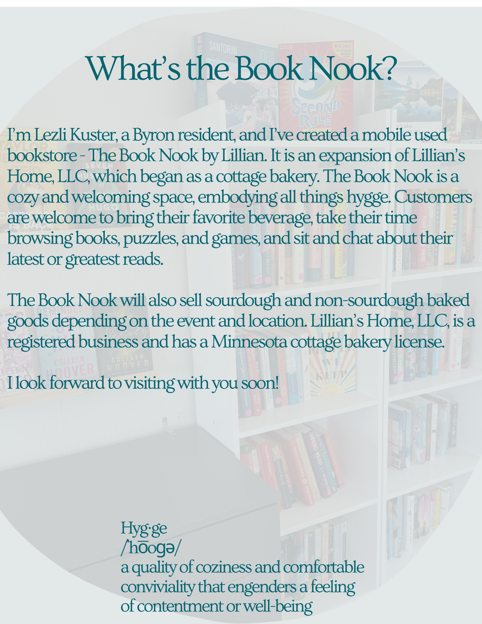 Book Nook flyer: 'What's the Book Nook?' text over a faded photo of bookshelves